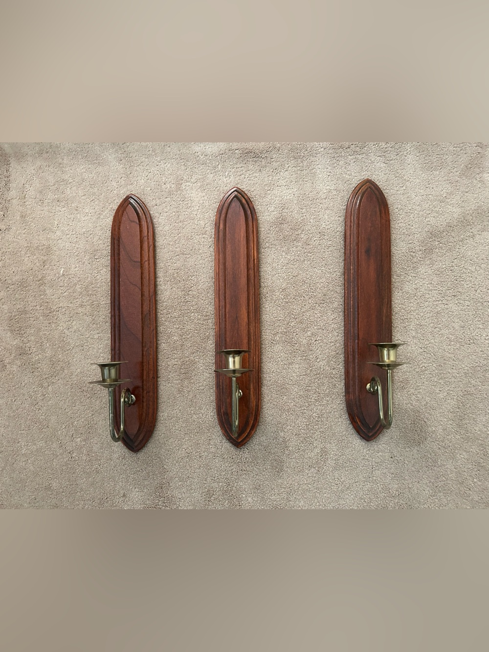 Wooden Wall Sconce Candle Holders in Dark Brown with Brass Accents